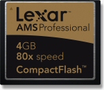 Lexar's 4GB 80X ActiveMemory System Pro CompactFlash card. Courtesy of Lexar, with modifications by Michael R. Tomkins.