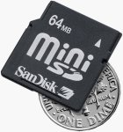 SanDisk's miniSD card, shown alongside a dime for scale. Courtesy of SanDisk, with modifications by Michael R. Tomkins.