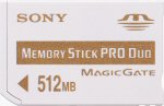 Sony's 512MB Memory Stick PRO Duo card. Courtesy of Sony, with modifications by Michael R. Tomkins.