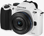 The limited edition white version of Samsung's NX10 single-lens direct view camera. Photo provided by Samsung Electronics Co. Ltd.
