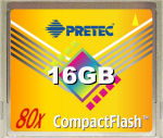 Pretec's 16GB CF card. Courtesy of Pretec, with modifications by Michael R. Tomkins.