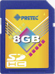 Pretec's 8GB SDHC card. Courtesy of Pretec, with modifications by Michael R. Tomkins.