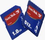 SanDisk's 512MB and 1GB Secure Digital cards. Courtesy of SanDisk, with modifications by Michael R. Tomkins.