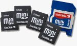 SanDisk's MiniSD card product line. Courtesy of SanDisk, with modifications by Michael R. Tomkins.