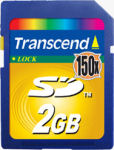 Transcend's 2GB 150x Secure Digital card. Courtesy of Transcend, with modifications by Michael R. Tomkins.