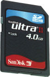SanDisk's Ultra II 4GB Secure Digital High Capacity card. Courtesy of SanDisk, with modifications by Michael R. Tomkins.