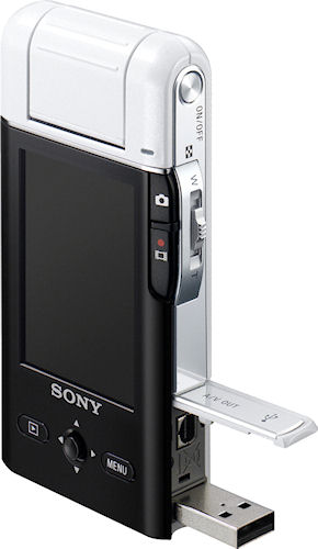 Right rear quarter view of the MHS-PM5, showing the built-in USB jack. Photos provided by Sony Electronics Inc. Click for a bigger picture!