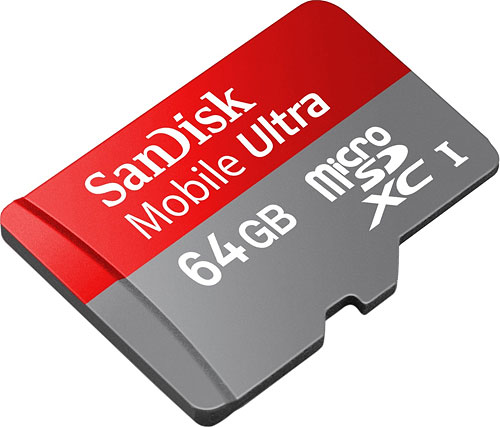 The SanDisk Mobile Ultra 64GB microSDXC card. Photo provided by SanDisk Corp. Click for a bigger picture!