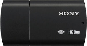 Sony's MSAC-UAH1 USB Memory Stick PRO Duo card reader. Courtesy of Sony, with modifications by Michael R. Tomkins. Click for a bigger picture!