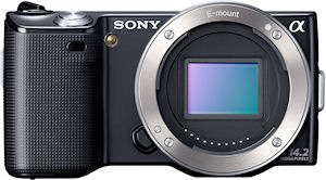 Sony's NEX-5 single-lens direct view camera. Photo provided by Sony Electronics Inc. Click for a bigger picture!