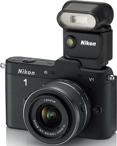 The Nikon V1 compact system camera with 10-30mm f/3.5-5.6 VR lens and GP-N100 GPS accessory. Photo provided by Nikon Inc. Click for a bigger picture!
