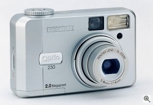 Pentax's Optio 230 digital camera. Courtesy of Pentax Corp., with modifications by Michael R. Tomkins. Click for a bigger picture!