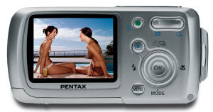 Pentax's OptioWP digital camera. Courtesy of Pentax, with modifications by Michael R. Tomkins. Click for a bigger picture!