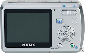 Pentax' Optio E50 digital camera. Courtesy of Pentax, with modifications by Michael R. Tomkins. Click for a bigger picture!