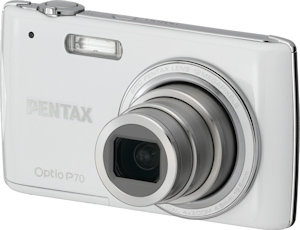Pentax's Optio P70 digital camera, front view. Photo provided by Pentax Imaging Co. Click for a bigger picture!