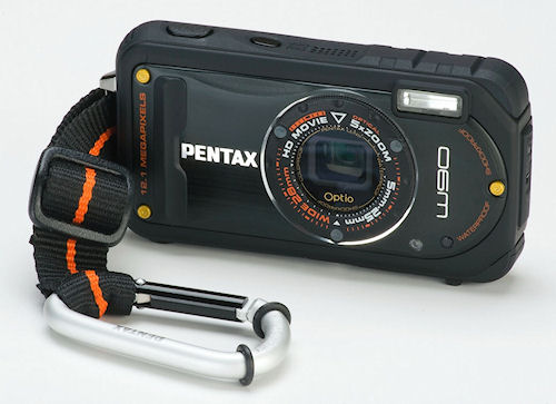 The Pentax Optio W90 is waterproof, shockproof, dustproof, coldproof, and comes with a carabiner clip for safekeeping. Photo provided by Pentax Imaging Co. Click for a bigger picture!