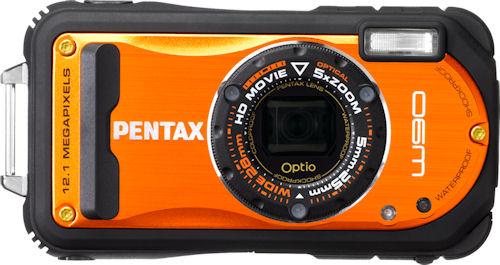 Pentax Optio W90 orange version, front view. Photo provided by Pentax Europe GmbH. Click for a bigger picture!