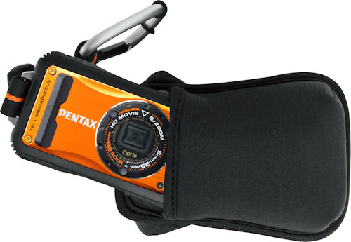Pentax Optio W90 orange version with soft case. Photo provided by Pentax Imaging Co. Click for a bigger picture!
