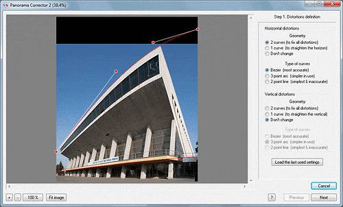 The first step of the process of correcting distortion in Panorama Corrector 2. Screenshot provided by Altostorm Software. Click for a bigger picture!