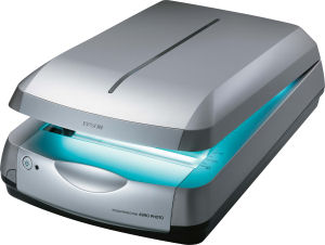 Epson's Perfection 4990 Photo scanner. Courtesy of Epson, with modifications by Michael R. Tomkins. Click for a bigger picture!