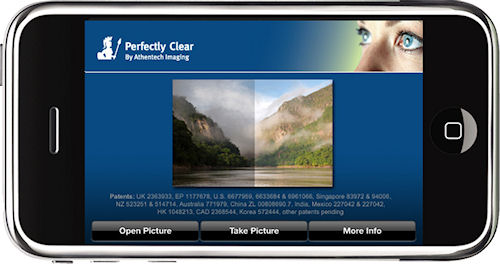 Athentech's Perfectly Clear running on an Apple iPhone in landscape orientation. Photo provided by Athentech Imaging Inc. Click for a bigger picture!