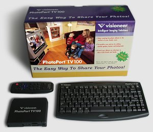 Visioneer's PhotoPort TV 100 set-top box and accessories. Courtesy of Visioneer Inc., with modifications by Michael R. Tomkins.