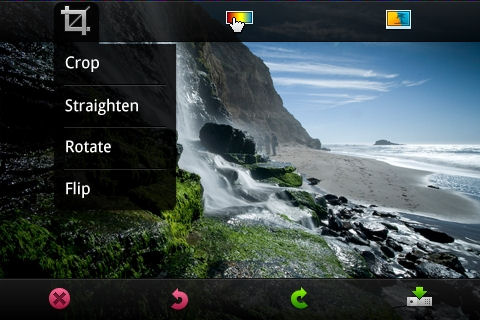Photoshop.com Mobile for Android: Edit screen. Screenshot provided by Adobe Systems Inc.