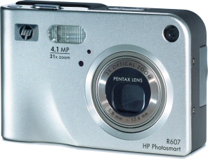 HP's Photosmart R607 digital camera. Courtesy of Hewlett Packard, with modifications by Michael R. Tomkins. Click for a bigger picture!