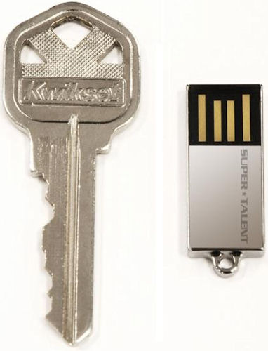 Super Talent's Pico C Silver USB drive, size comparison with a standard key. Photo provided by Super Talent Technology Corp. Click for a bigger picture!