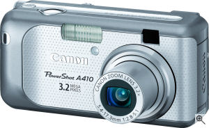 Canon's PowerShot A410 digital camera. Courtesy of Canon, with modifications by Michael R. Tomkins. Click for a bigger picture!