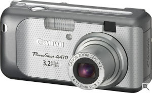 Canon's PowerShot A410 digital camera. Courtesy of Canon, with modifications by Michael R. Tomkins. Click for a bigger picture!