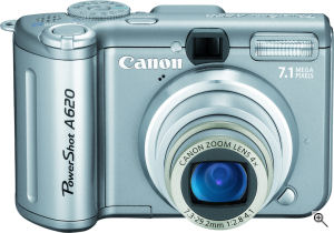 Canon's PowerShot A620 digital camera. Courtesy of Canon, with modifications by Michael R. Tomkins. Click for a bigger picture!