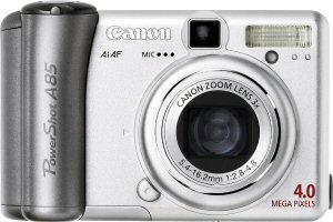 Canon's PowerShot A85 digital camera. Courtesy of Canon, with modifications by Michael R. Tomkins. Click for a bigger picture!