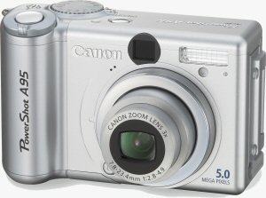 Canon's PowerShot A95 digital camera. Courtesy of Canon, with modifications by Michael R. Tomkins. Click for a bigger picture!