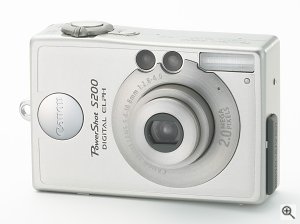 Canon's PowerShot S200 digital camera. Courtesy of Canon, with modifications by Michael R. Tomkins.