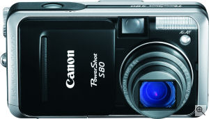 Canon's PowerShot S80 digital camera. Courtesy of Canon, with modifications by Michael R. Tomkins. Click for a bigger picture!