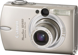 Canon's PowerShot SD550 digital camera. Courtesy of Canon, with modifications by Michael R. Tomkins. Click for a bigger picture!