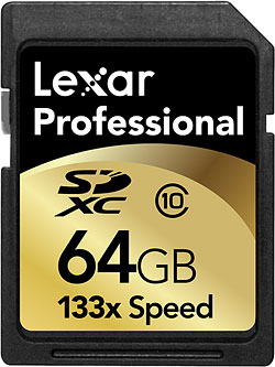 Lexar's Professional-series 64GB Class 10 (133x speed) SDXC card. Rendering provided by Lexar Media Inc. Click for a bigger picture!