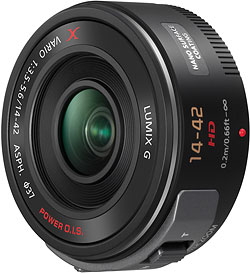 The Panasonic LUMIX G X VARIO PZ 14-42mm F3.5-5.6 ASPH. POWER O.I.S. lens, shown retracted. Photo provided by Panasonic Consumer Electronics Co. Click for a bigger picture!