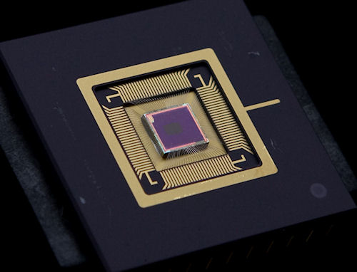 Detail of a QuantumFilm image sensor. Photo provided by InVisage Technologies Inc. Click for a bigger picture!