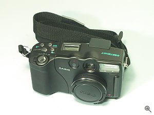 Casio's QV-3500EX Plus digital camera, front view. Copyright (c) 2001, Michael R. Tomkins, all rights reserved. Click for a bigger picture!
