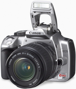 Canon's EOS Digital Rebel XT. Courtesy of Canon, with modifications by Michael R. Tomkins. Click for a bigger picture!