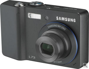 Samsung's L73 digital camera. Courtesy of Samsung, with modifications by Michael R. Tomkins. Click for a bigger picture!