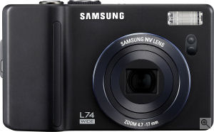 Samsung's L74 Wide digital camera. Courtesy of Samsung, with modifications by Michael R. Tomkins. Click for a bigger picture!