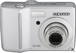Samsung's S730 digital camera. Courtesy of Samsung, with modifications by Michael R. Tomkins. Click for a bigger picture!