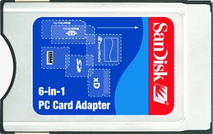 SanDisk's 6-in-1 PC Card adapter. Courtesy of SanDisk, with modifications by Michael R. Tomkins. Click for a bigger picture!