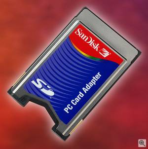 SanDisk's Secure Digital / MultiMediaCard to PC Card adapter. Courtesy of SanDisk. Click for a bigger picture!