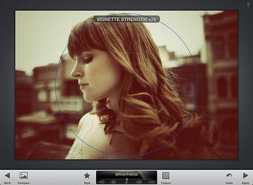 Adjusting vignetting in Snapseed. Screenshot provided by Nik Software Inc. Click for a bigger picture!