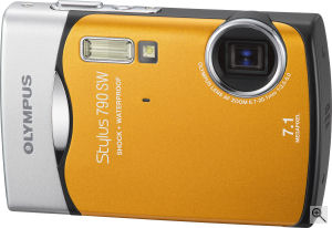 Olympus' Stylus 790 SW digital camera. Courtesy of Olympus, with modifications by Michael R. Tomkins. Click for a bigger picture!