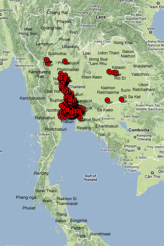 In the map of Thailand above, locations described as 'severely affected' and in need of urgent help are indicated with red markers, giving an idea of the huge scope of the flooding. Map provided by Google Crisis Response, overlaid markers by ThaiFlood.com. Click to see the original map on Google's Crisis Response page!
